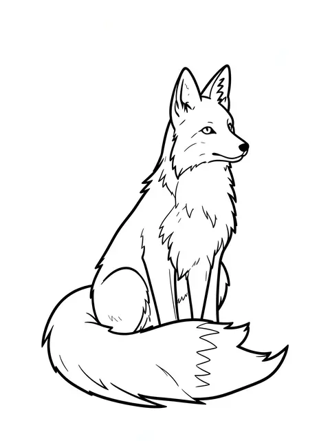 Bold black line art of a neatly sitting fox with its tail resting over its paws on a plain white background