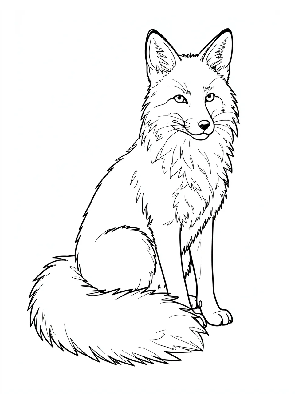 Black line drawing of a sitting fox with a bushy tail on a plain white background