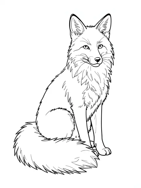 Black line drawing of a sitting fox with a bushy tail on a plain white background