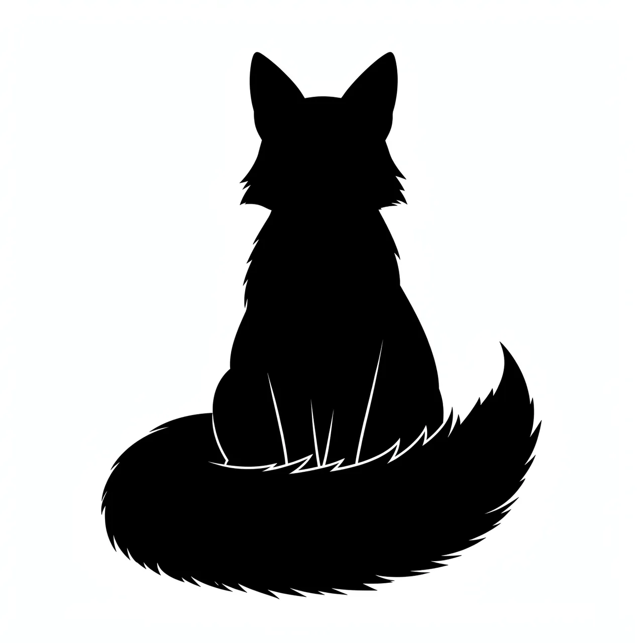 Solid black silhouette of a sitting fox with a bushy tail wrapped around its feet on a plain white background