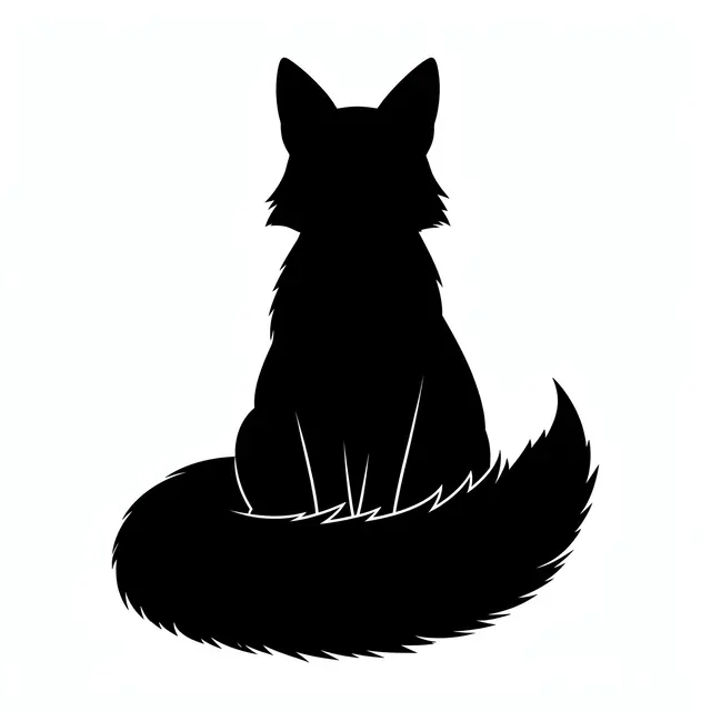 Solid black silhouette of a sitting fox with a bushy tail wrapped around its feet on a plain white background