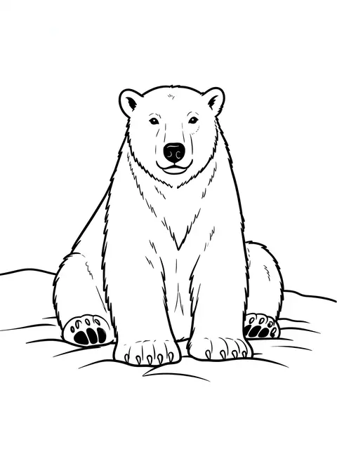 Simple bold black and white line art of a seated polar bear on snow against a plain white background