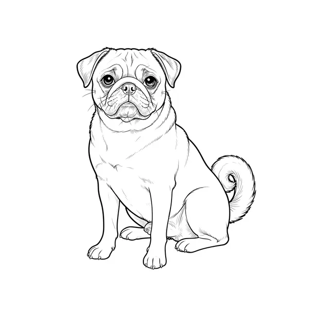 A delicate black line art drawing of a sitting pug with a curled tail on a plain white background