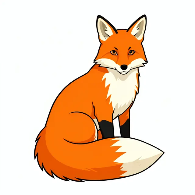 Flat cartoon illustration of an orange fox sitting with its bushy curled tail, isolated on a plain white background