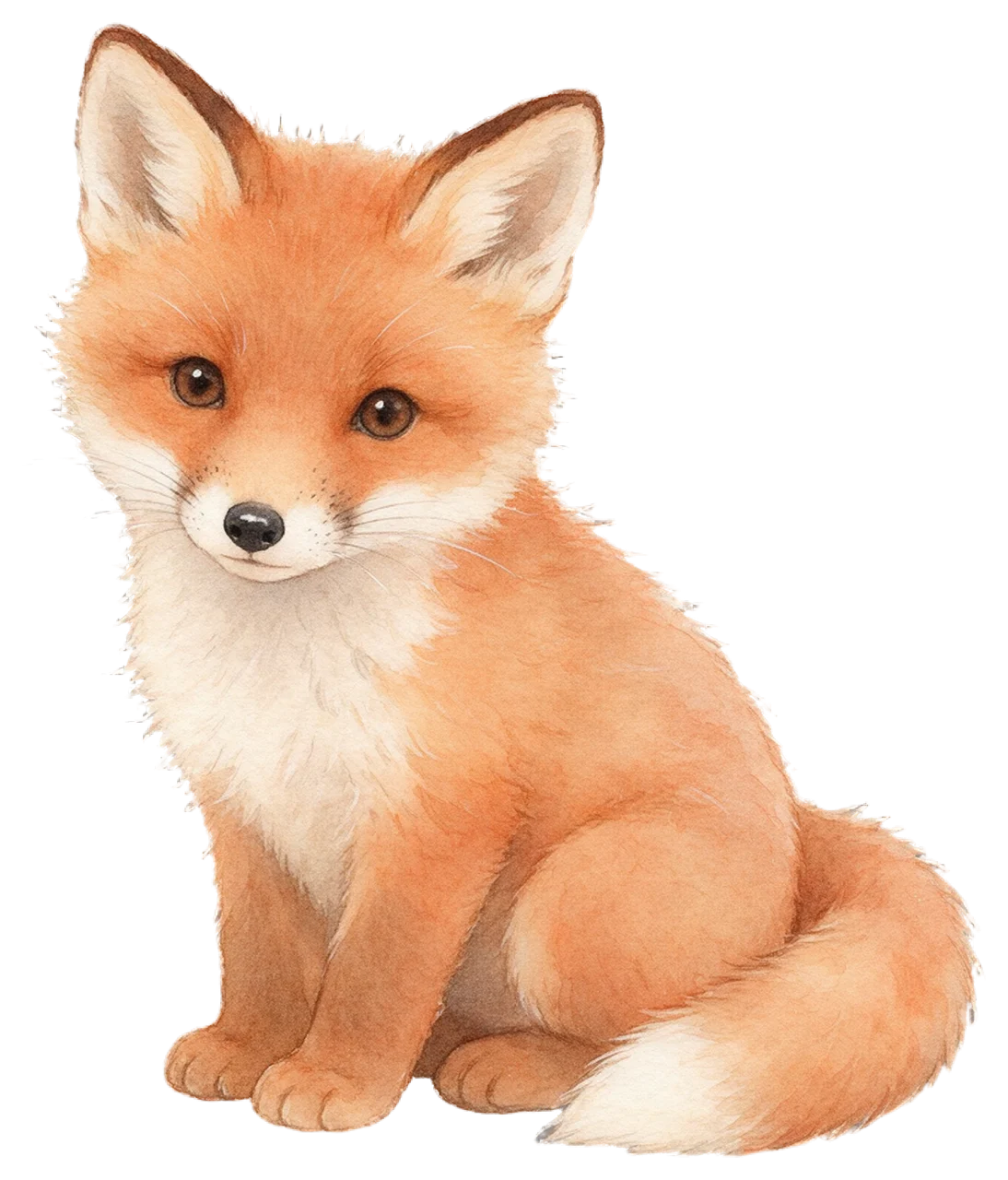 Soft watercolour illustration of a gentle sitting red fox cub looking toward the viewer.