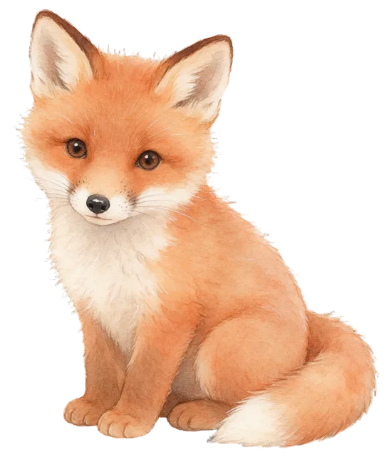 Soft watercolour illustration of a gentle sitting red fox cub looking toward the viewer.
