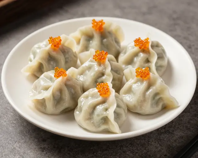 Steamed siu mai dumplings topped with orange roe arranged on a small white plate