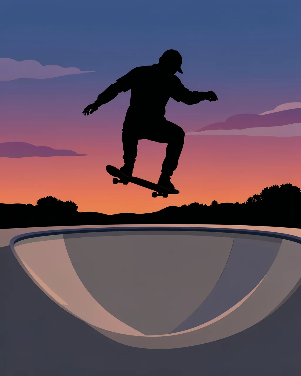 Silhouette of a skateboarder catching air above a concrete skate bowl against a gradient sunset sky
