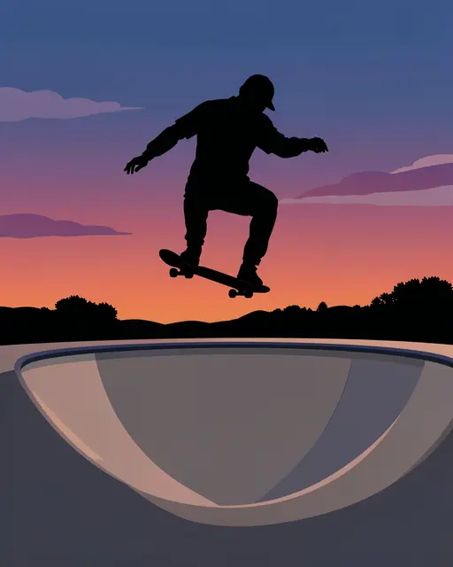 Silhouette of a skateboarder catching air above a concrete skate bowl against a gradient sunset sky