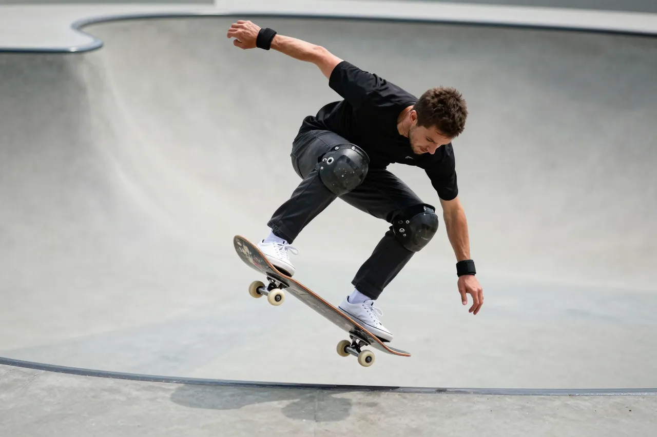 An adult male skateboarder performs an aerial trick above a concrete skatepark bowl edge on a sunny day.