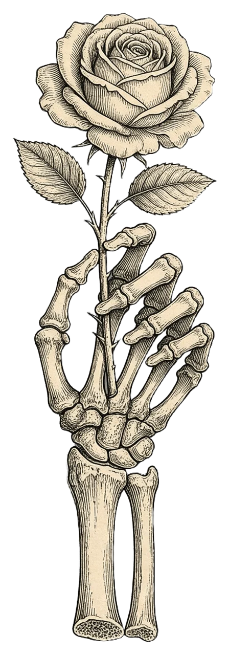Antique engraving style skeleton forearm and hand gripping a full bloom long stem rose