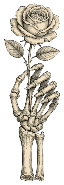 Antique engraving style skeleton forearm and hand gripping a full bloom long stem rose