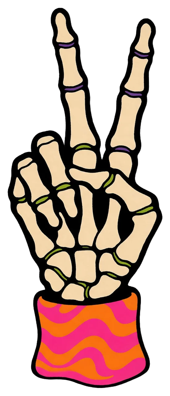 Psychedelic illustrated skeleton hand making a peace sign with a striped wavy cuff