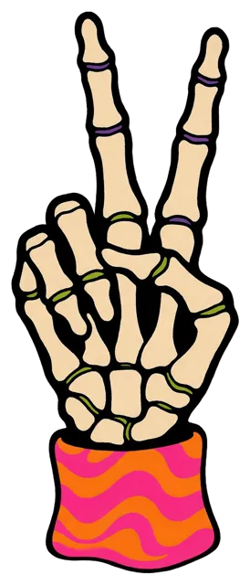 Psychedelic illustrated skeleton hand making a peace sign with a striped wavy cuff