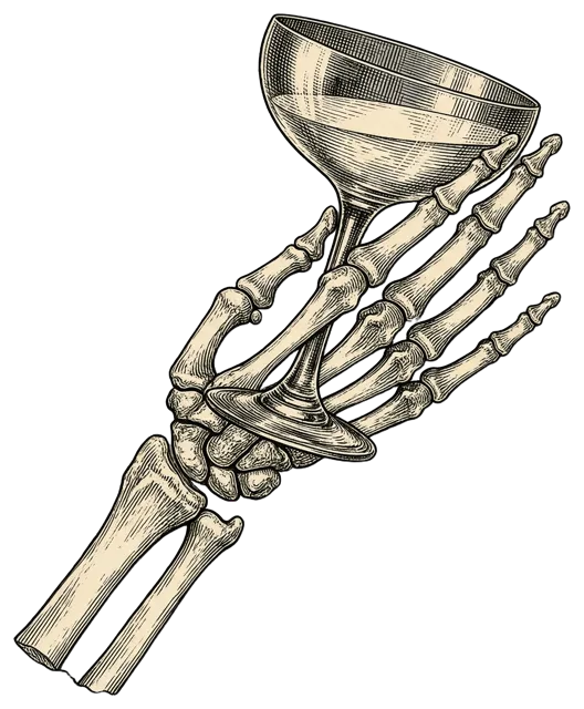 Engraved skeleton forearm holding a tilted coupe cocktail glass as if toasting