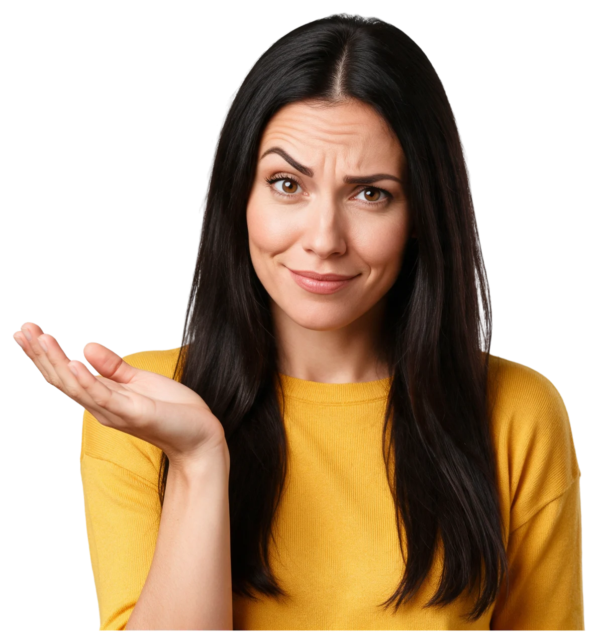 Woman with long black hair in a mustard top raises one hand palm up with a skeptical expression