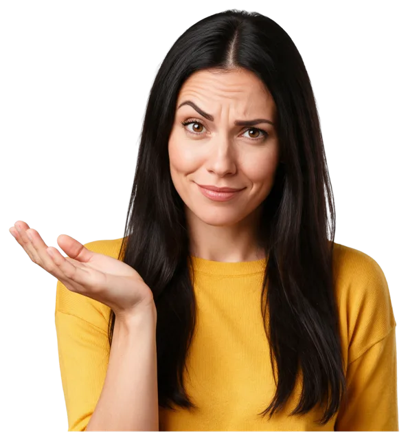 Woman with long black hair in a mustard top raises one hand palm up with a skeptical expression