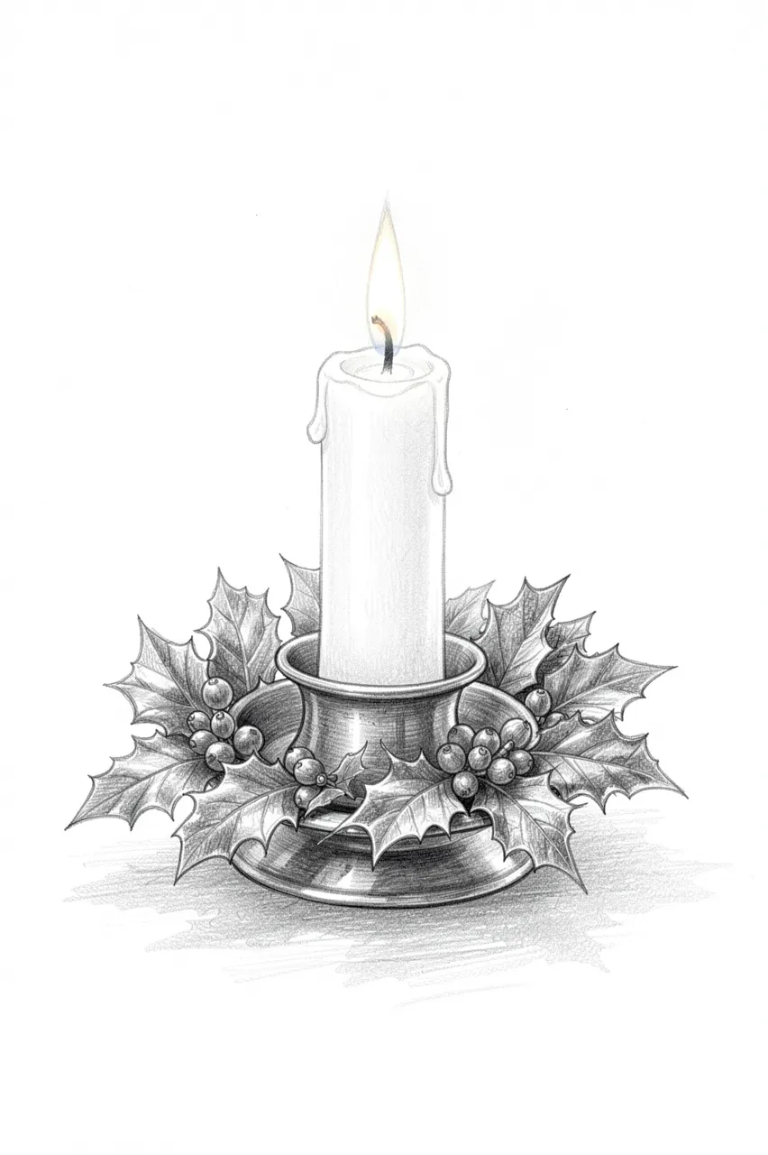 Graphite pencil sketch of a lit candle in a metal holder ringed with holly on plain white paper