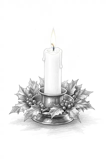 Graphite pencil sketch of a lit candle in a metal holder ringed with holly on plain white paper