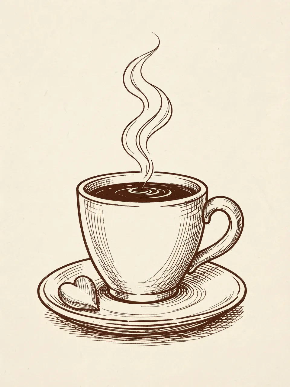 Brown ink sketch of a steaming coffee cup on a saucer with a drawn heart, on cream paper