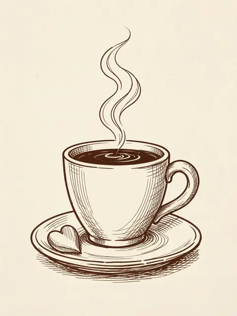 Brown ink sketch of a steaming coffee cup on a saucer with a drawn heart, on cream paper