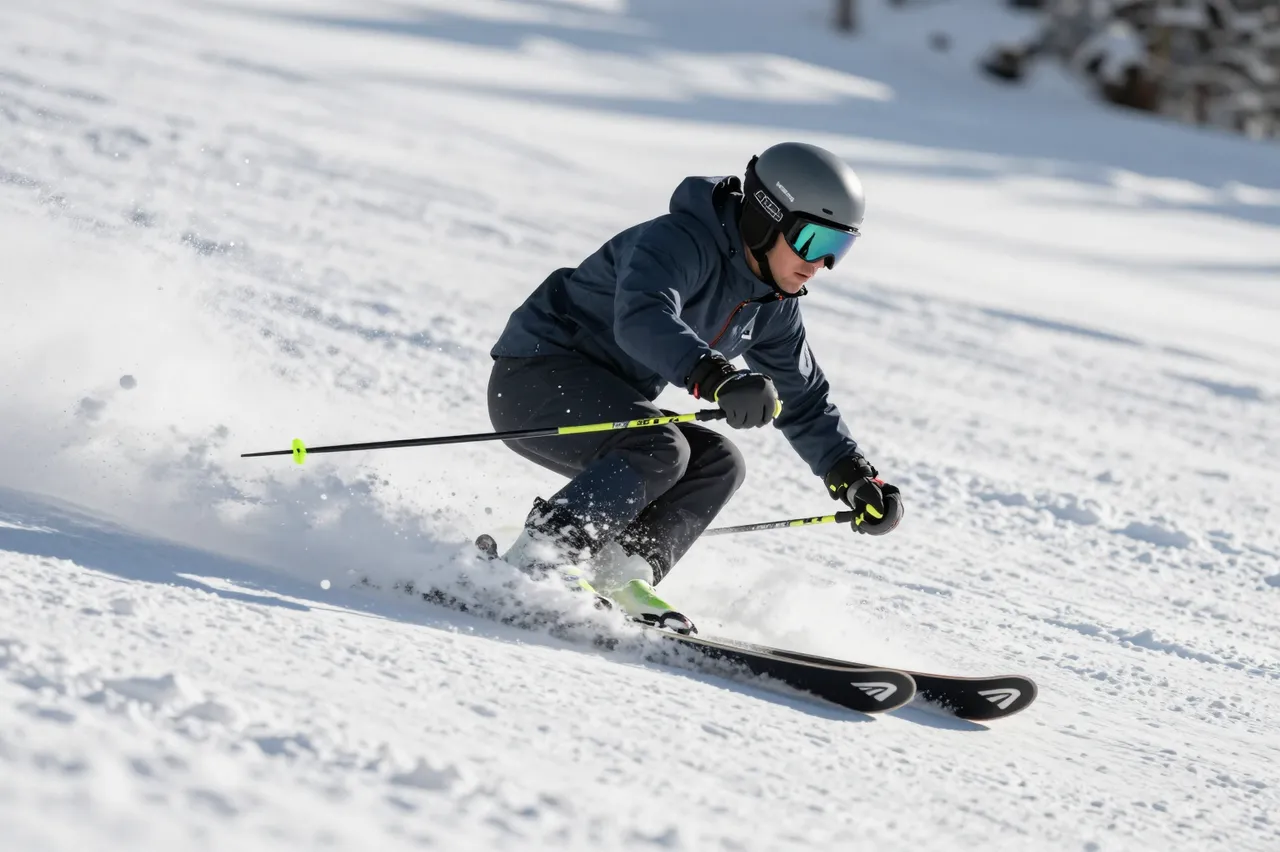 A downhill skier in a crouched stance carves through fresh snow, kicking up a spray of powder on a sunny ski slope.