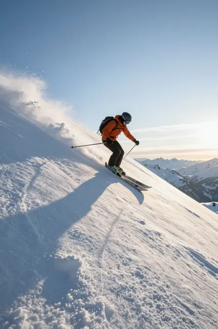 A backcountry skier in an orange jacket carves down a steep snowy mountain slope casting a long shadow at sunrise