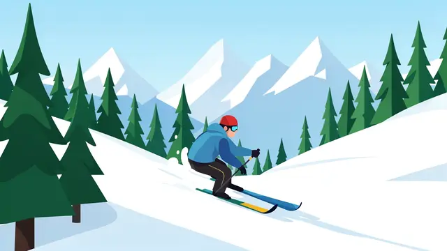 A skier in a red helmet carves down a snowy mountain slope between pine trees with snow-capped peaks in the distance