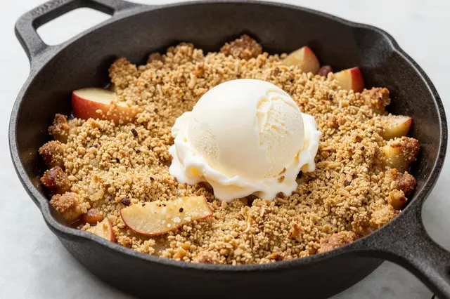 Warm apple crumble topped with a scoop of melting vanilla ice cream served in a cast iron skillet