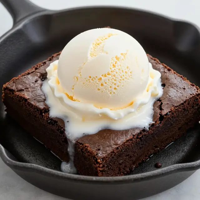 A cast iron skillet holds a warm fudgy brownie topped with a melting scoop of vanilla ice cream.