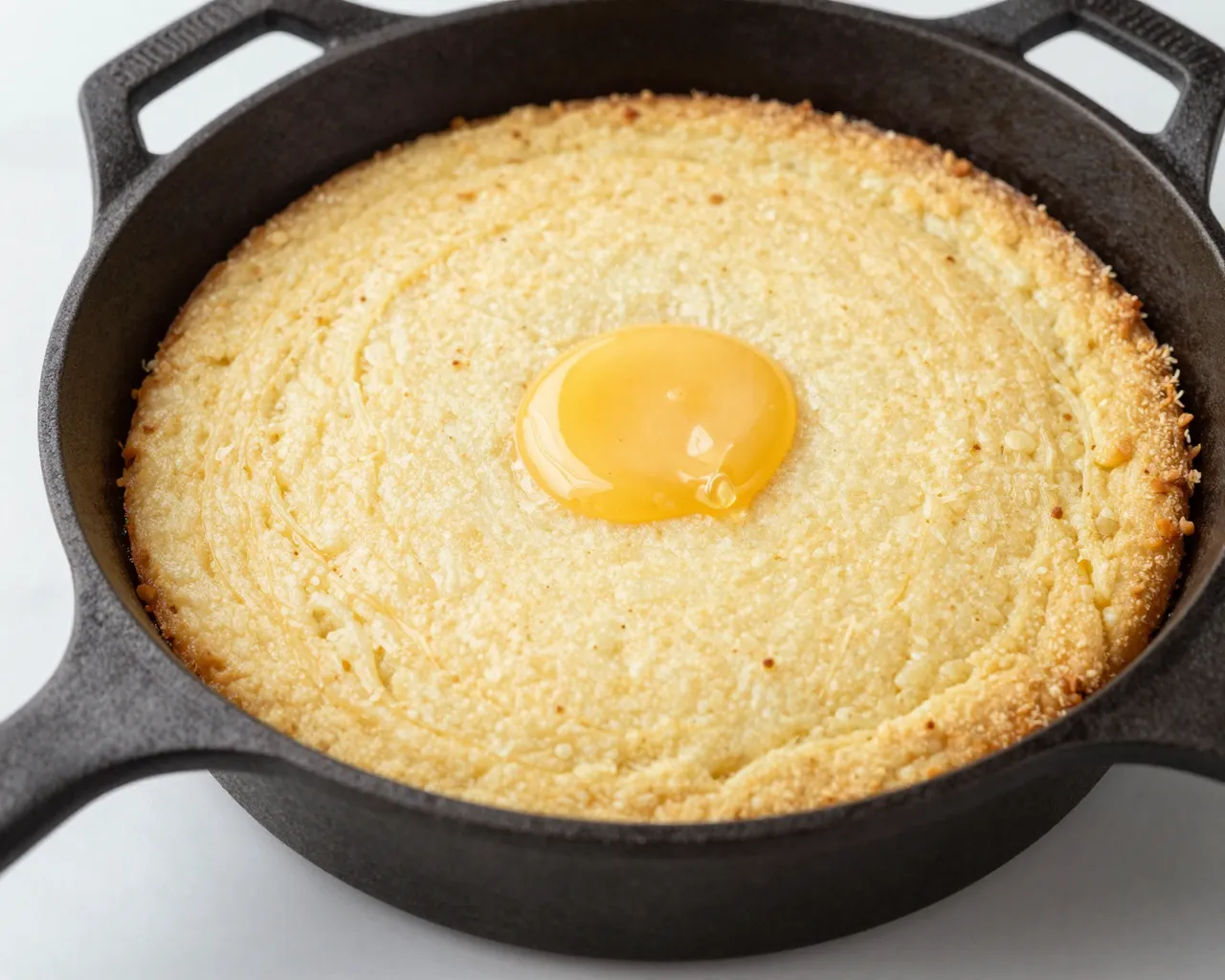 Warm cornbread topped with melted honey butter sits in a black cast iron skillet
