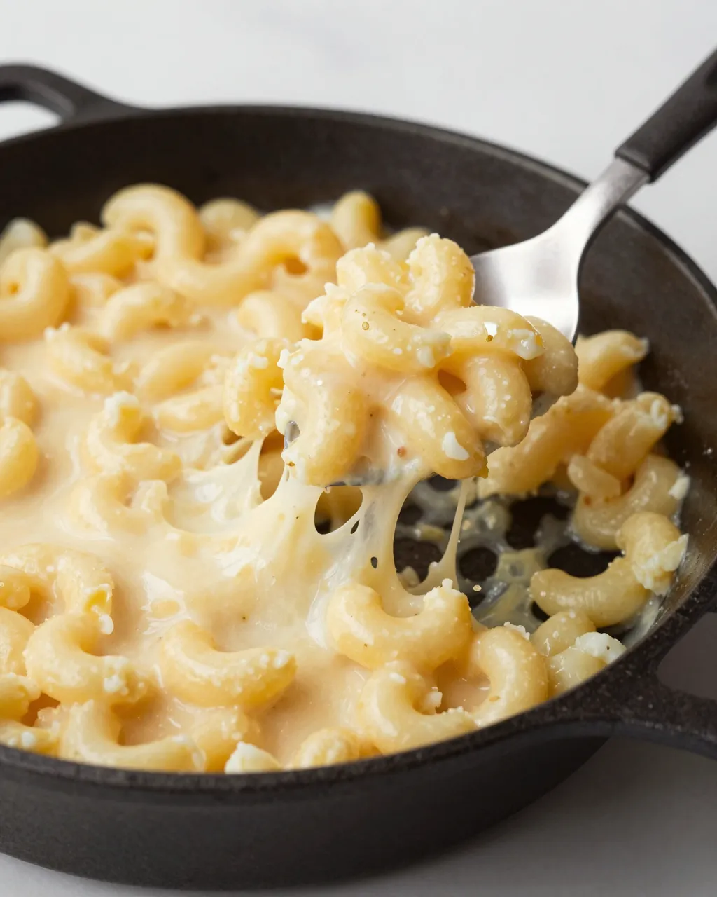 A metal spoon lifts a stretchy cheesy scoop of creamy mac and cheese from a black cast iron skillet.