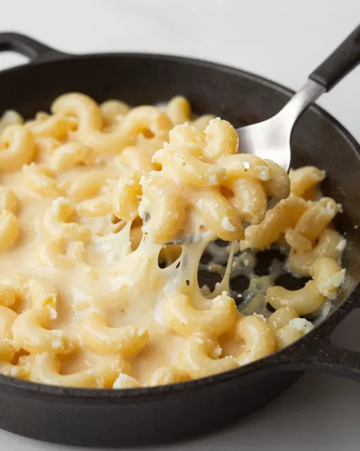 A metal spoon lifts a stretchy cheesy scoop of creamy mac and cheese from a black cast iron skillet.