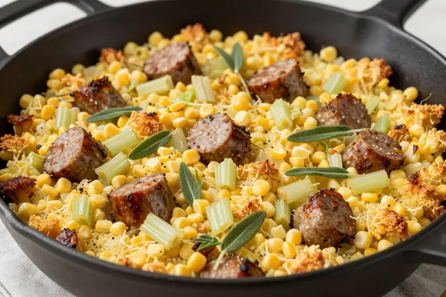 Baked sausage, corn, celery and sage stuffing served in a black cast iron skillet with warm lighting