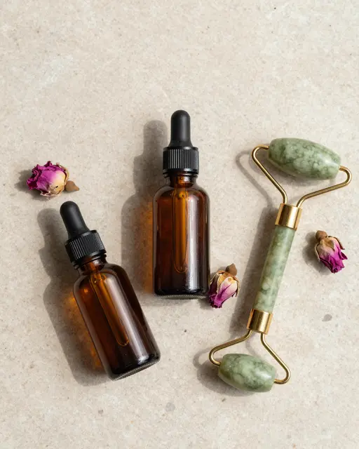 Amber dropper bottles, jade roller, and dried rosebuds arranged on a light travertine surface