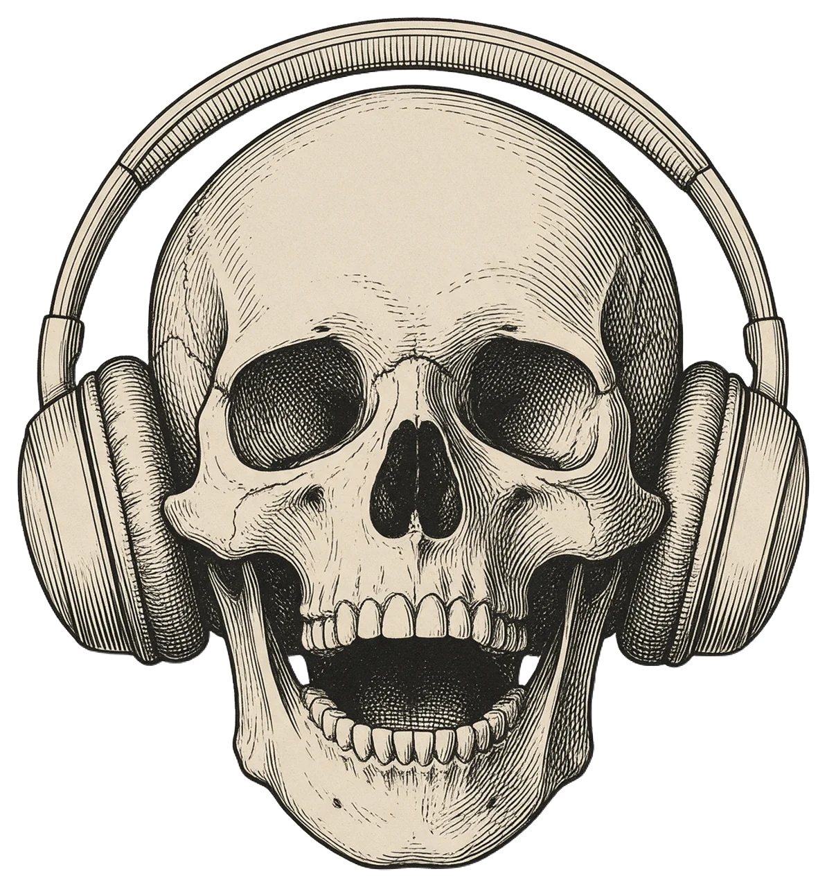 Antique engraved illustration of a human skull with slightly open jaw wearing plain over-ear headphones