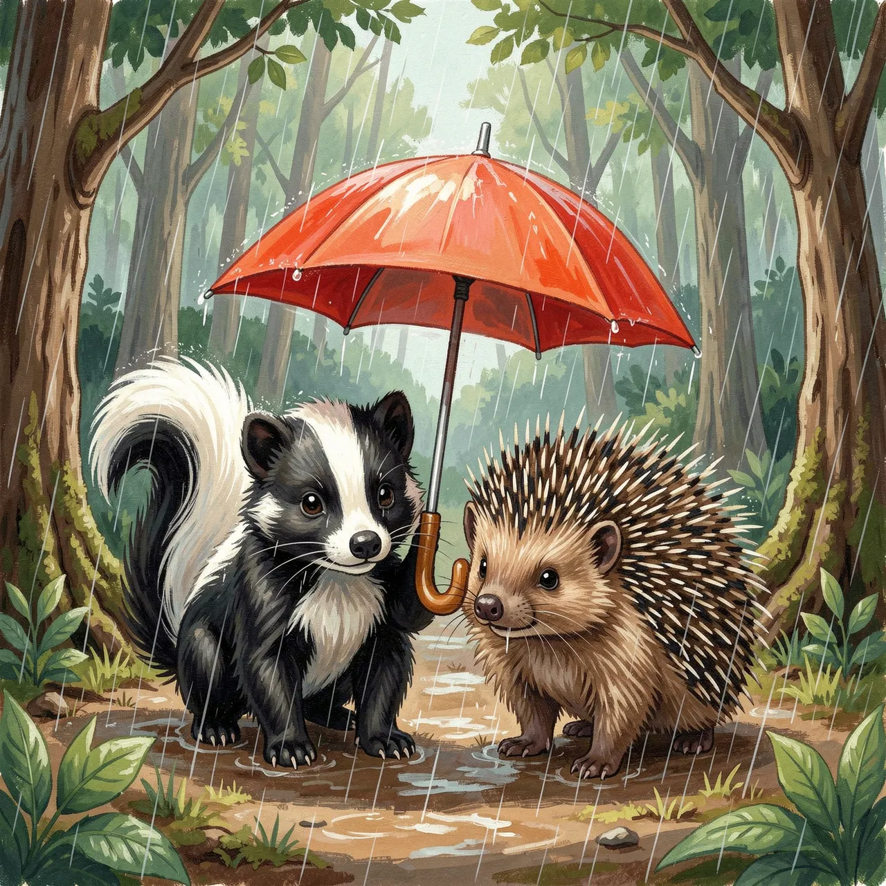 A gouache illustration of a skunk holding a red umbrella over a porcupine on a rainy forest path.