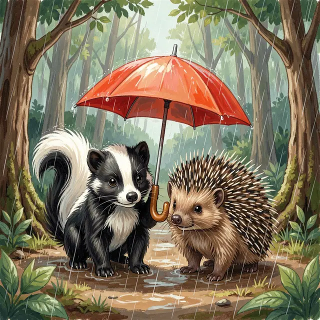 A gouache illustration of a skunk holding a red umbrella over a porcupine on a rainy forest path.