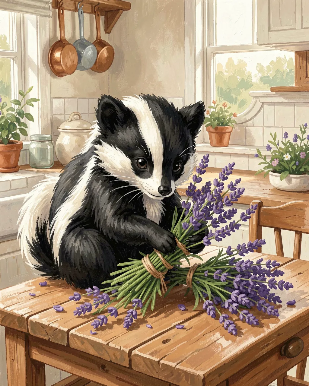 A cute skunk ties bundles of fresh lavender while sitting on a farmhouse kitchen table