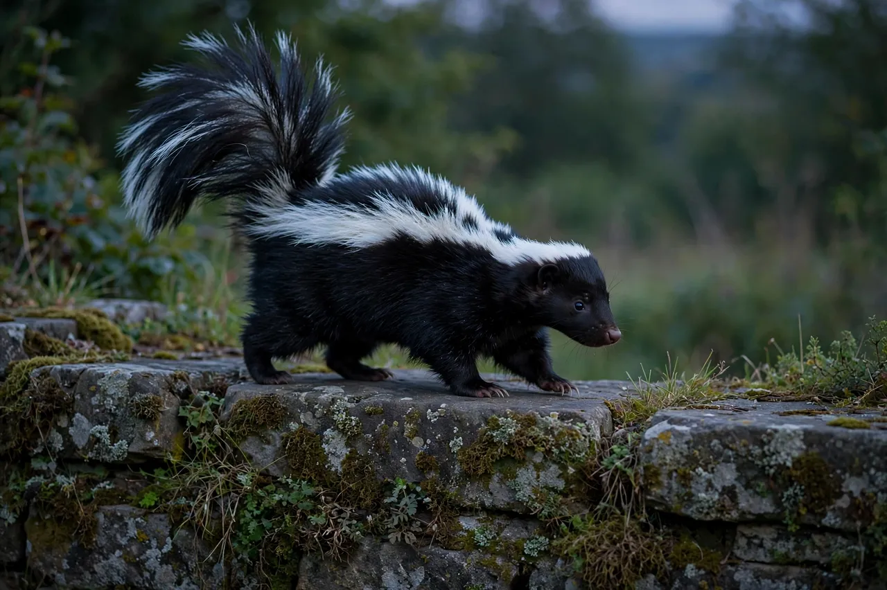 A striped skunk with a raised bushy tail walks across an old moss-covered stone wall at twilight.
