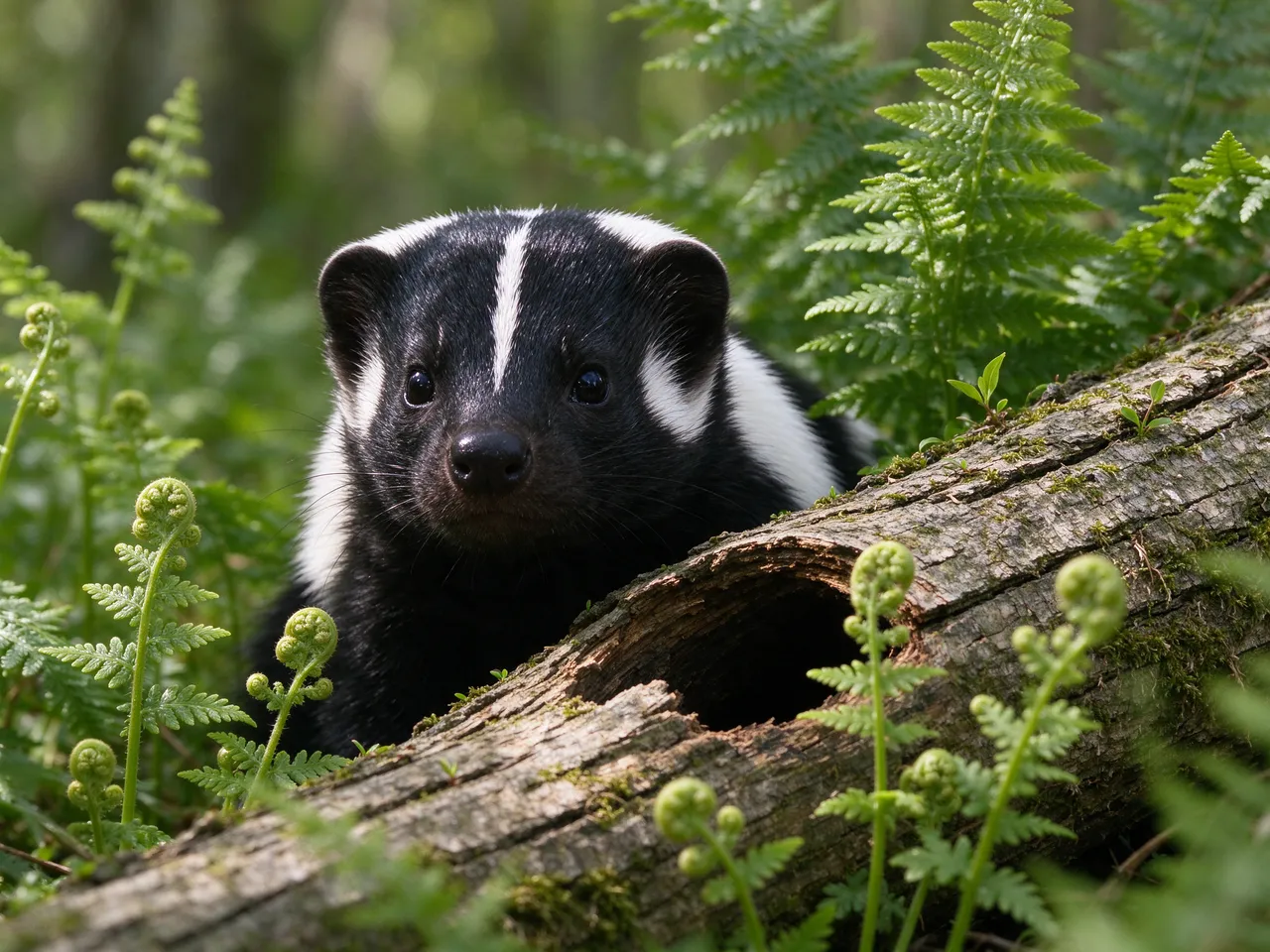 A striped skunk peeks out from a hollow log surrounded by spring ferns under soft dappled light
