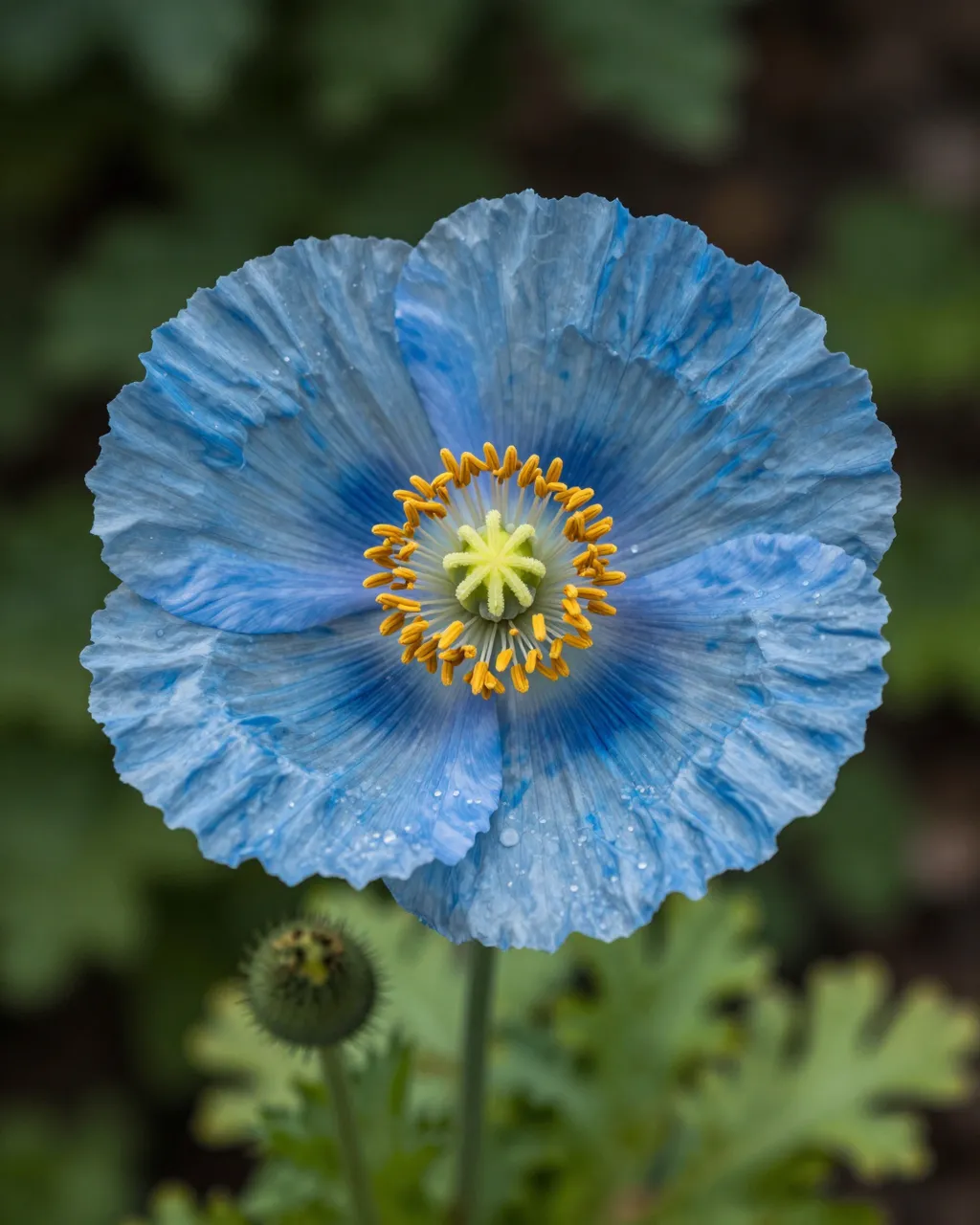 A close-up of a sky-blue poppy with papery petals, golden stamens, and tiny dew drops against blurred green woodland foliage.
