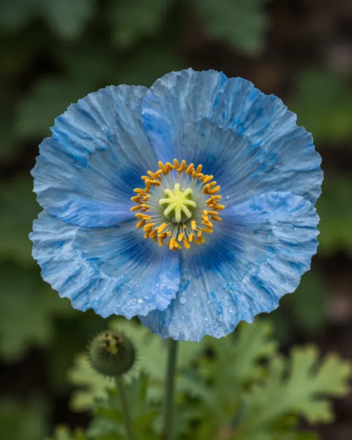 A close-up of a sky-blue poppy with papery petals, golden stamens, and tiny dew drops against blurred green woodland foliage.