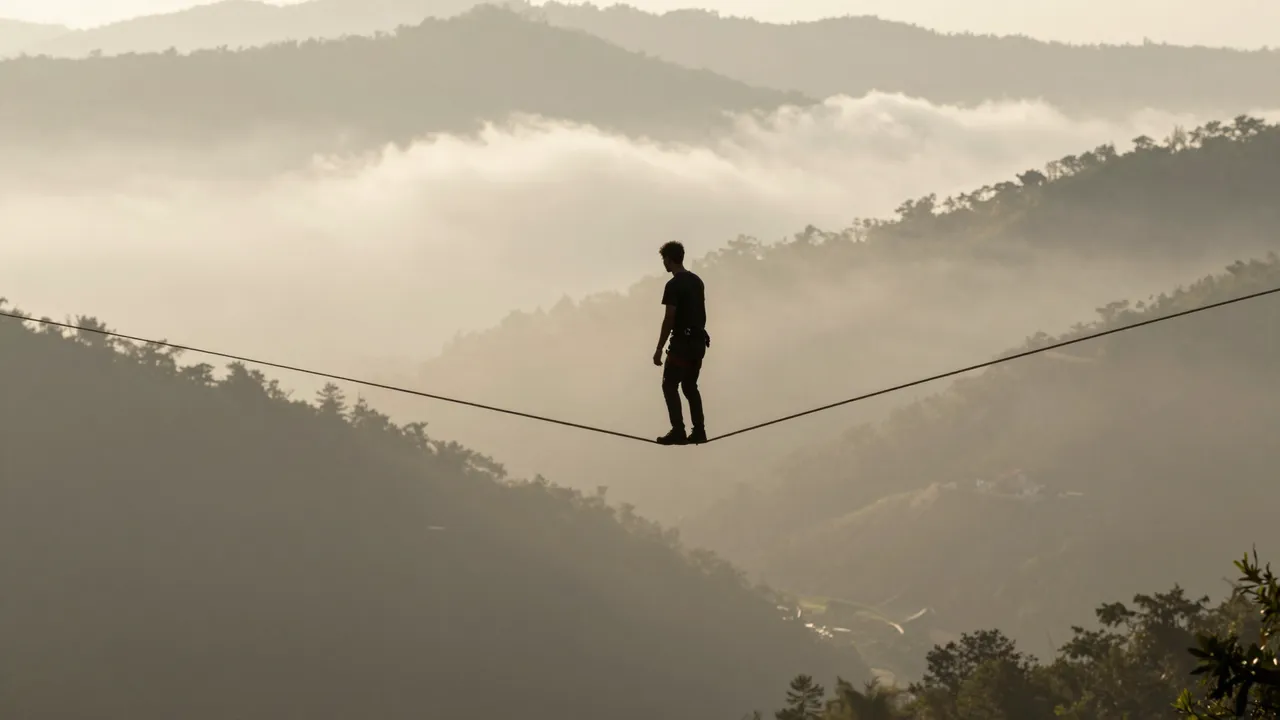 Silhouetted slackliner balances on a high line over misty forested mountains at golden sunrise