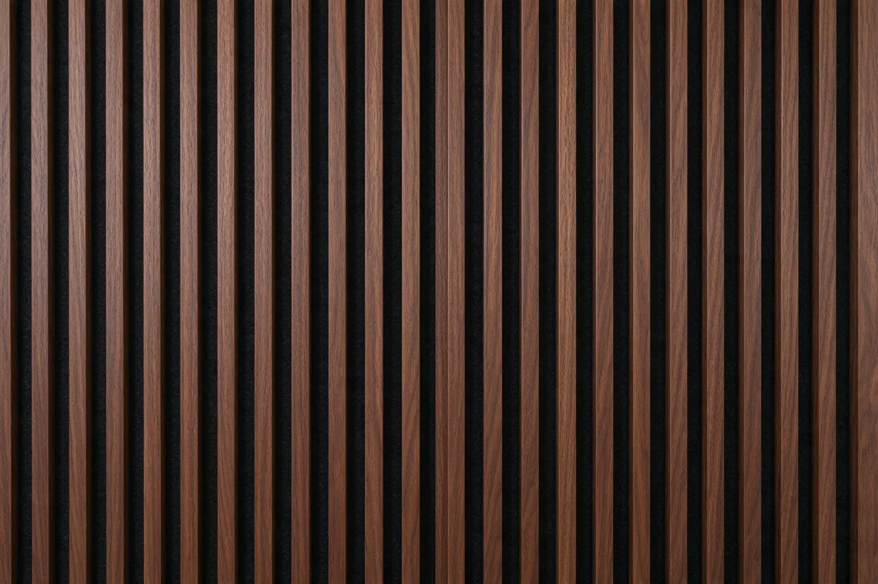 Full frame close-up of upright walnut wood slats over black acoustic felt with even spacing