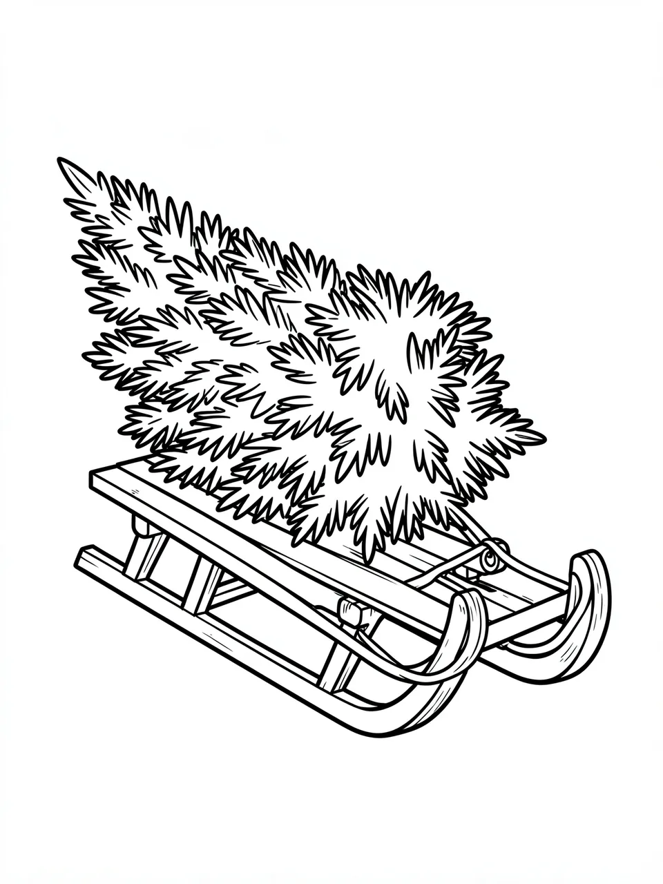 Bold black line art of a wooden sled carrying a cut evergreen Christmas tree on a plain white background