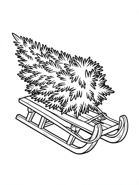 Bold black line art of a wooden sled carrying a cut evergreen Christmas tree on a plain white background