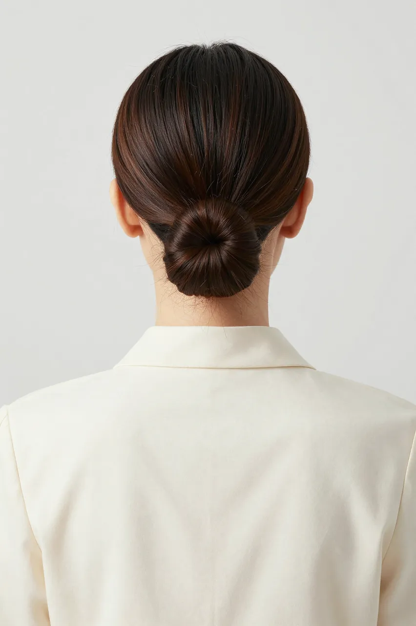 Rear view of an East Asian woman with a neat low bun wearing an ivory collared blouse against a plain light gray studio