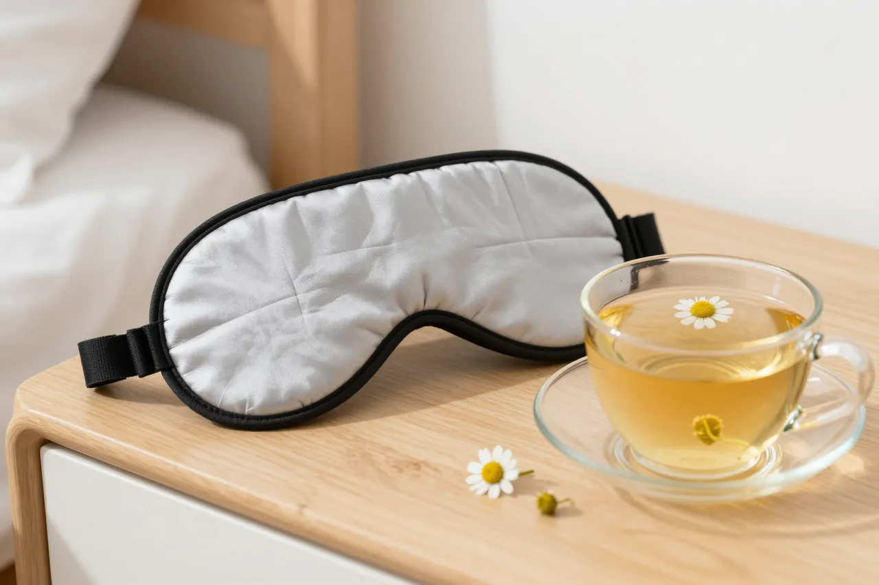 A padded sleep mask and glass cup of chamomile tea sit on a light wooden bedside table next to a bed.