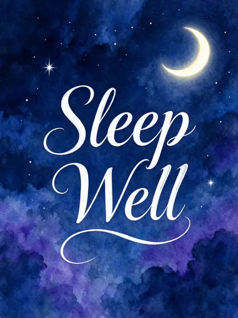 Watercolor night sky with crescent moon and centered flowing white script reading "Sleep Well"